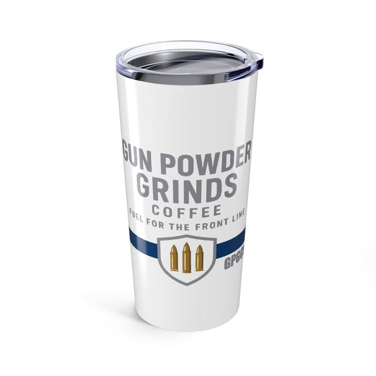 White tumbler with 'Gun Powder Grinds Coffee' text and logo on a white background