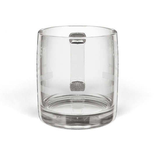 Clear glass tumbler with a metal accent on a white background