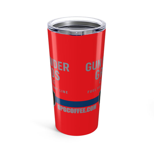 Red tumbler with branding on a white background