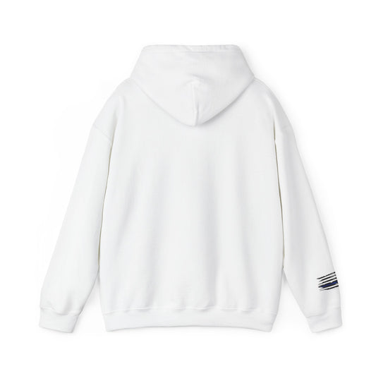 White hoodie with a small logo on the sleeve against a white background
