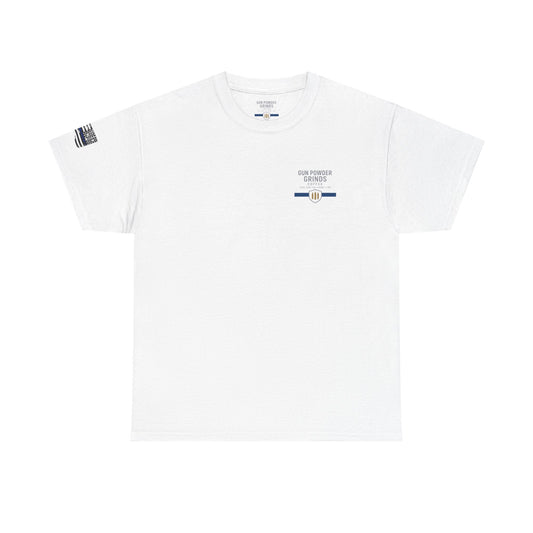 White t-shirt with small logos on a white background