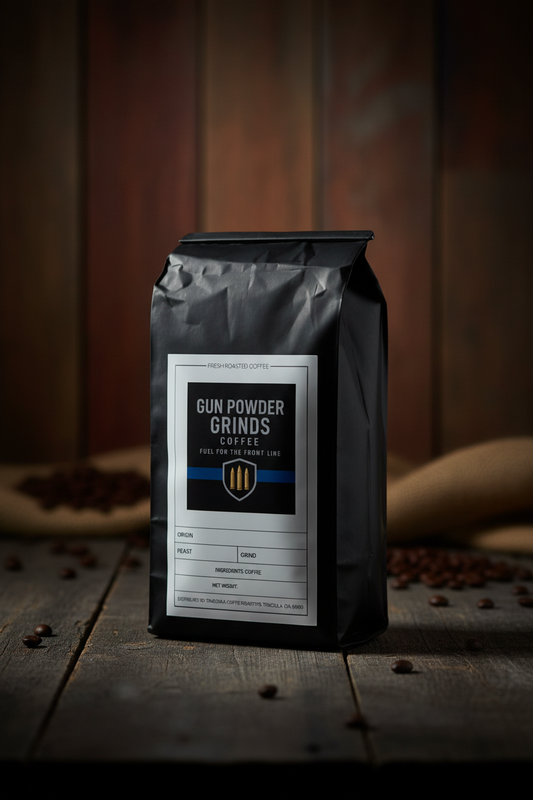 Gun Powder Grinds African Espresso on wooden surface