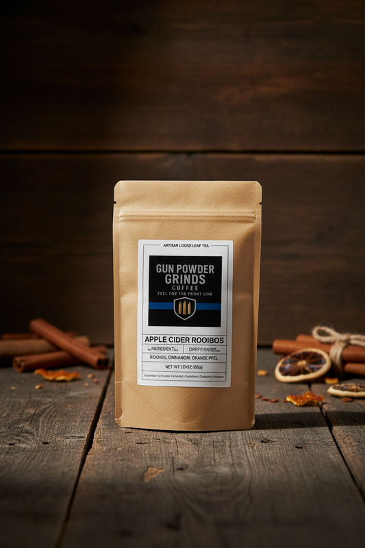 Gun Powder Grinds Apple Cider Rooibos on wooden surface