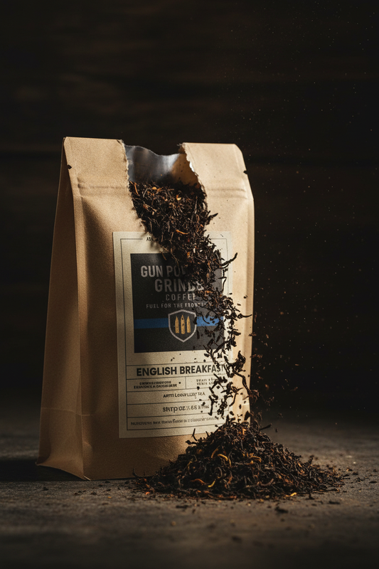 Gun Powder Grinds English Breakfast close-up with tea spilling