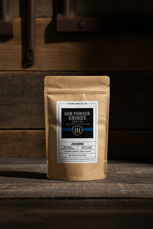 Gun Powder Grinds Jasmine on wooden surface