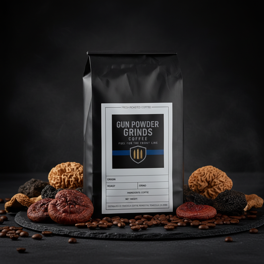 Gun Powder Grinds Mushroom Coffee with medicinal mushrooms