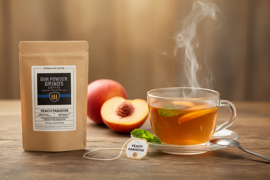 Gun Powder Grinds Peach Paradise with steaming cup