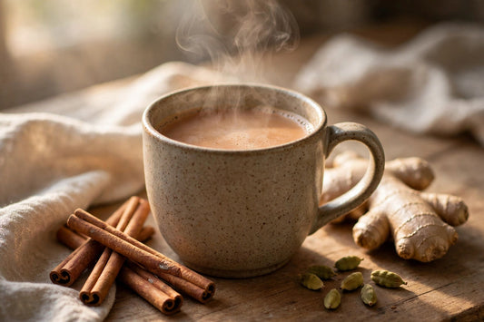 Chaga Spice Chai in a mug with cinnamon, ginger and cardamom