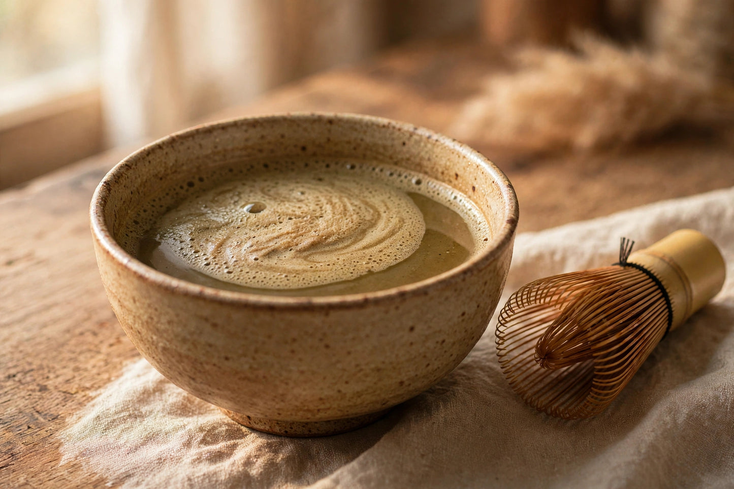 Hojicha With Mushrooms whisked tea in a bowl with bamboo whisk