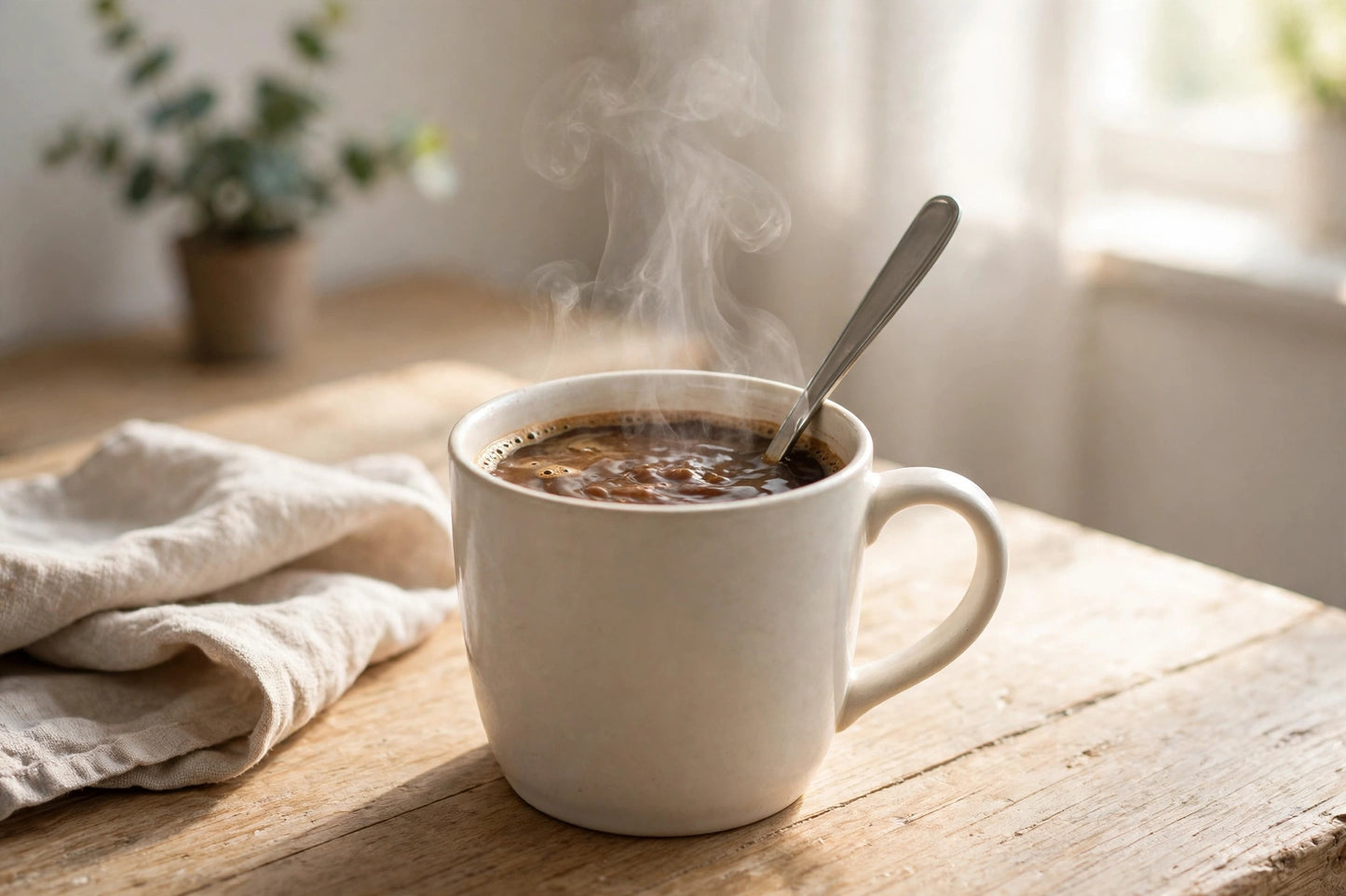 Instant Coffee with Mushroom being stirred in a mug