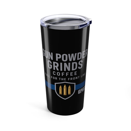 Black tumbler with 'Gun Powder Grinds Coffee' text and logo on a white background