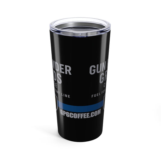 Black tumbler with text and a blue stripe on a white background