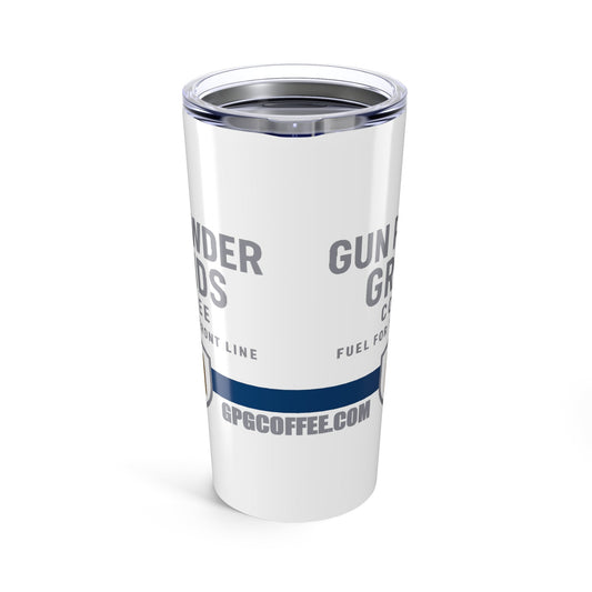 White tumbler with text and a blue stripe on a white background
