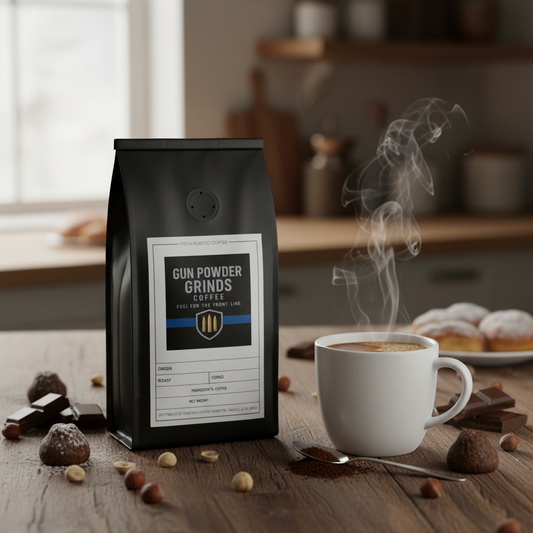 Gun Powder Grinds Chocolate Hazelnut with steaming mug