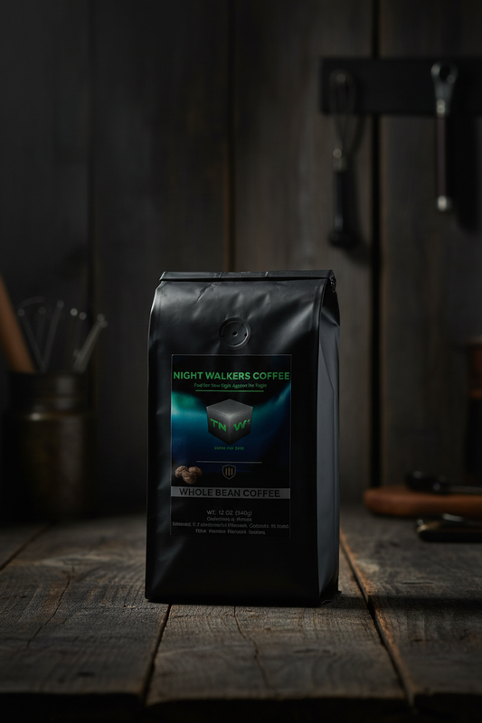 Gun Powder Grinds Night Walkers Whole Bean on wooden surface