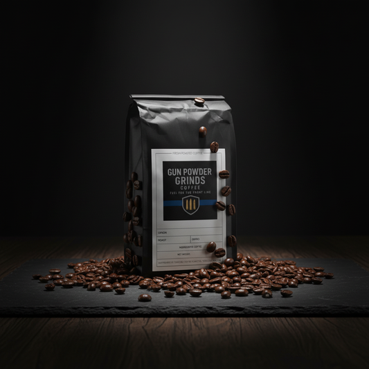 Gun Powder Grinds Peru Decaf with scattered beans