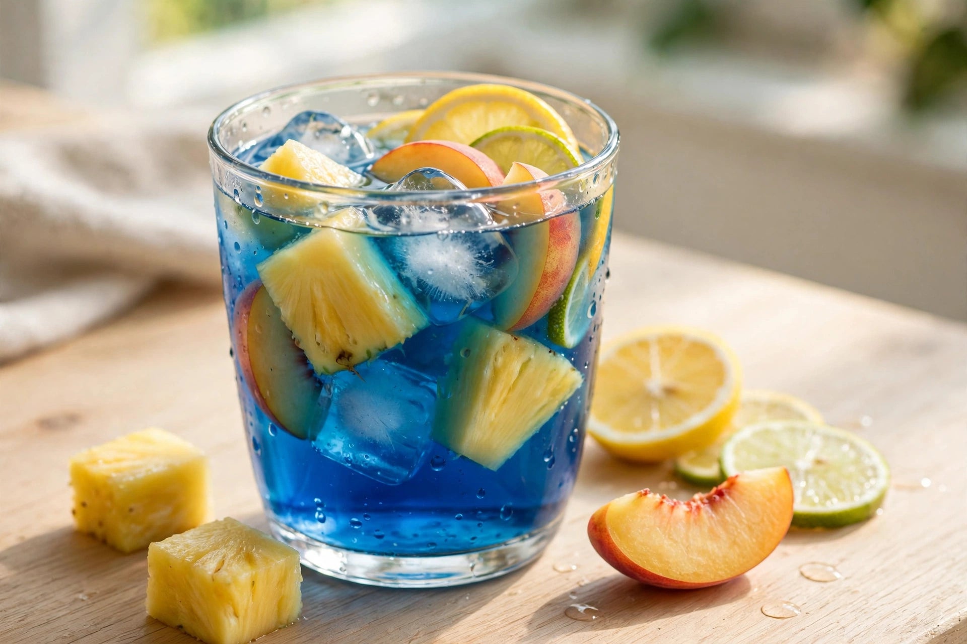 Butterfly Blue iced tea with pineapple and peach