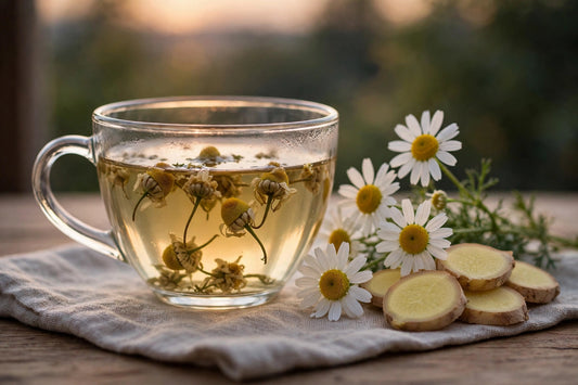 Chamomile Ginger tea with chamomile flowers and ginger