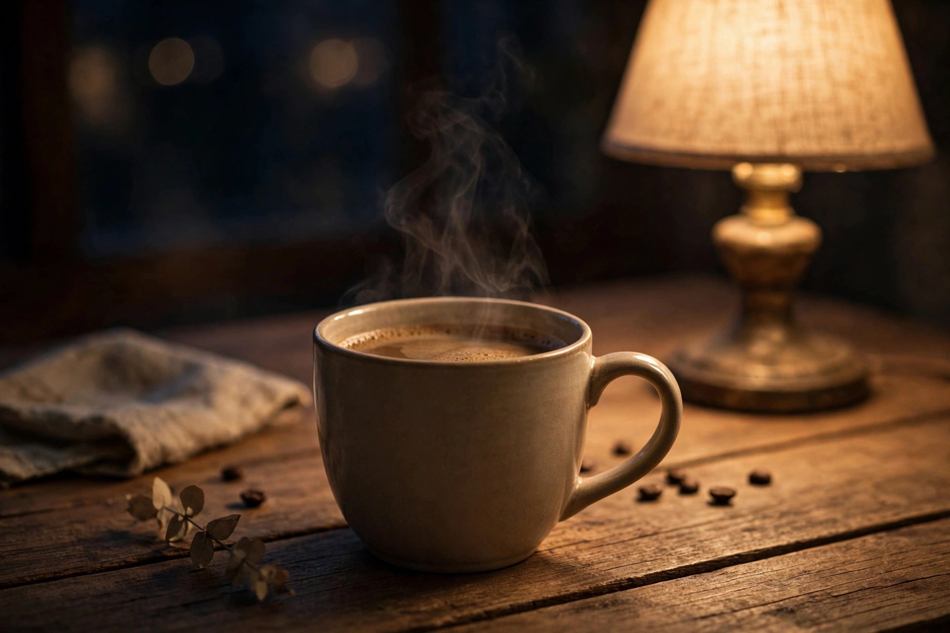 Decaf Coffee With Mushrooms evening coffee in a mug by lamplight