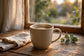 Half Caf coffee in a mug by a window in afternoon light
