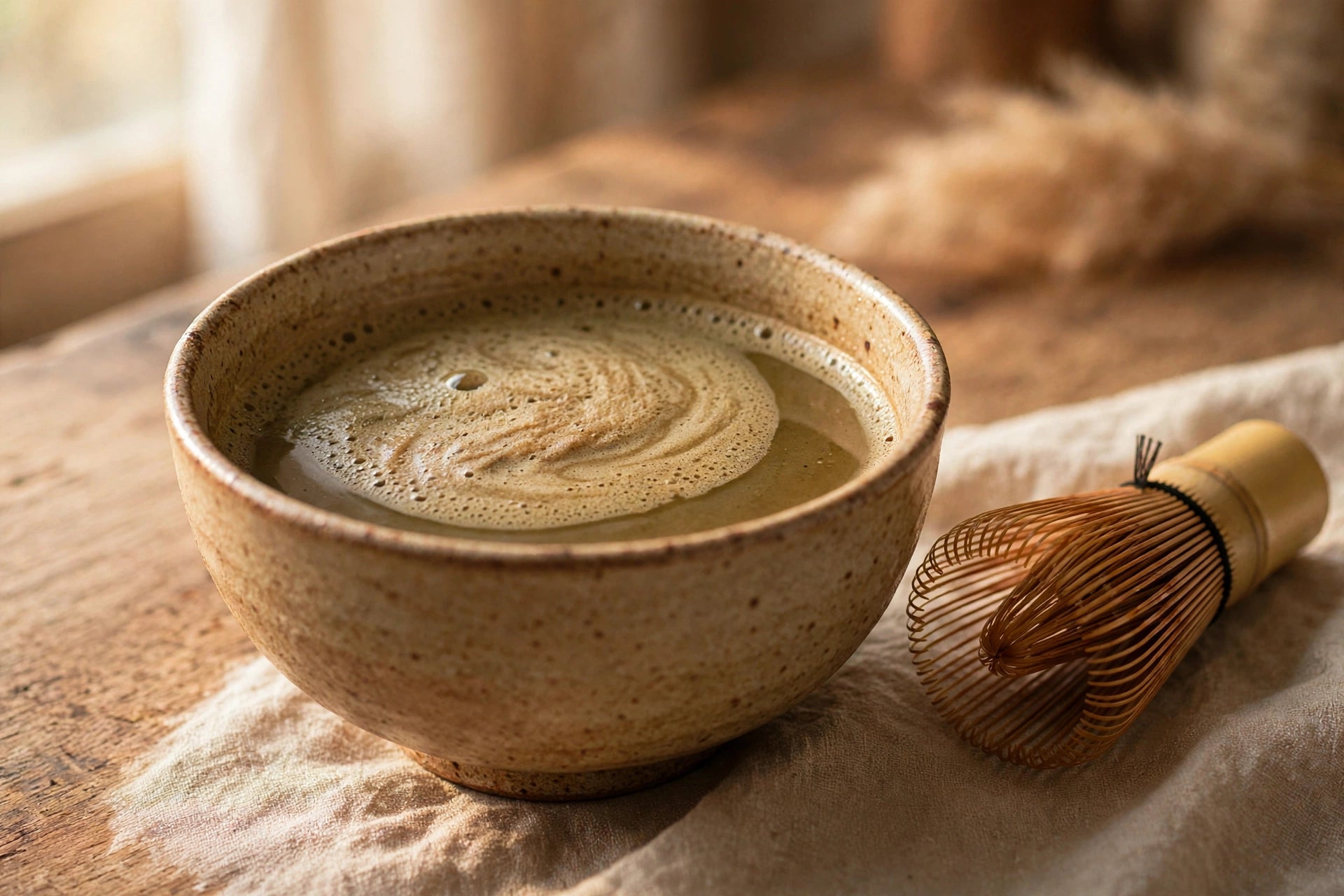 Hojicha With Mushrooms whisked tea in a bowl with bamboo whisk