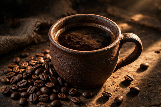 Robusta dark coffee in a rustic mug with roasted beans