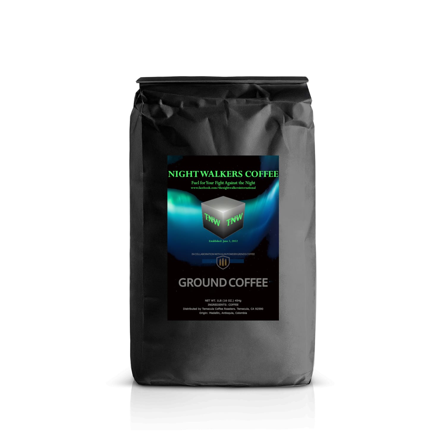 Black coffee bag with a label on a white background